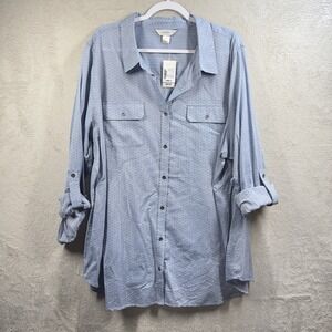 CJ Banks Women's Plus Sz NWT Blue Ditsy Dot Long Sleeve Button Down Top Size 3X